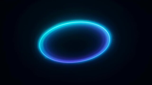 Abstract neon oval ring glow dark background, blue purple light halo, futuristic minimal design with empty center, glowing ellipse for copy space, digital abstract shape with purple blue neon light
