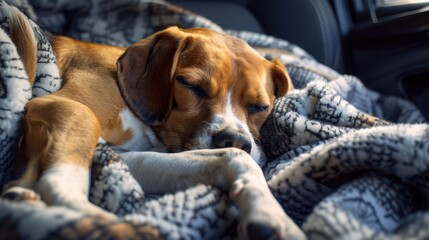 Obraz premium A sleeping brown and white beagle dog curled up in a cozy blanket inside a car. The dog appears relaxed and comfortable in its surroundings.