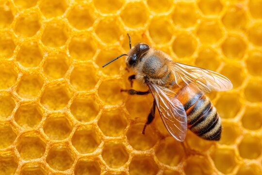 A detailed macro of a single honeybee on a golden honeycomb. A worker bee crawling on the hexagonal wax cells of a hive. Apiculture and natural honey production