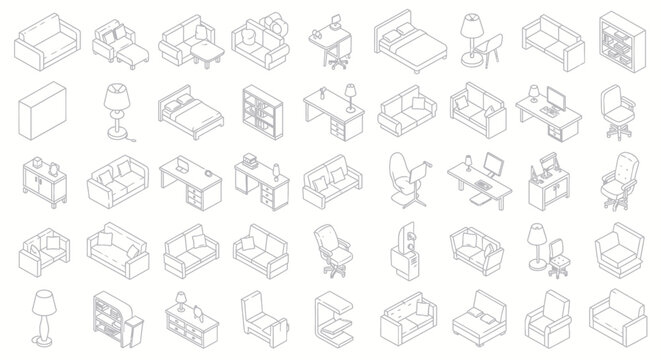 Isometric furniture icons set for home and office interior design