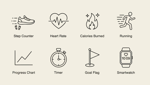 Fitness tracker icons display step counter, heart rate and calories burned during running with progress chart, timer, goal flag and smartwatch.