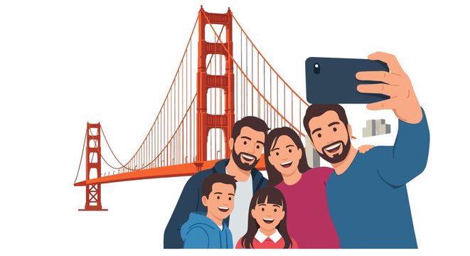 Happy Family Takes Selfie with Golden Gate Bridge