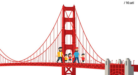 Fototapeta premium Cartoon Family Walking On Golden Gate Bridge