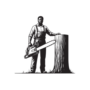 Black and white cartoon vector illustration of a lumberjack standing next to a felled tree trunk, holding a hacksaw