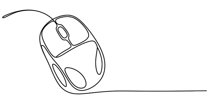A minimalist single line drawing of a computer mouse isolated on a plain white background surface. Vector, illustration
