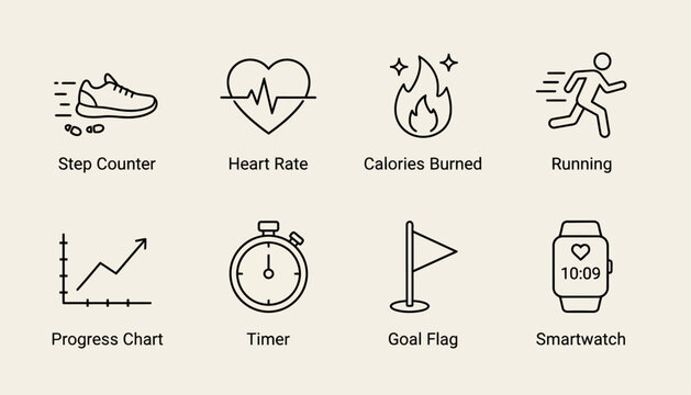 A running person with a smartwatch tracking step counter, heart rate and calories burned on a fitness journey.