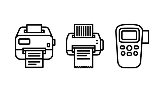 Line art icons of printing devices: a receipt printer a label printer a card reader machine cash register point of sale printing terminal technology equipment business commerce hardware