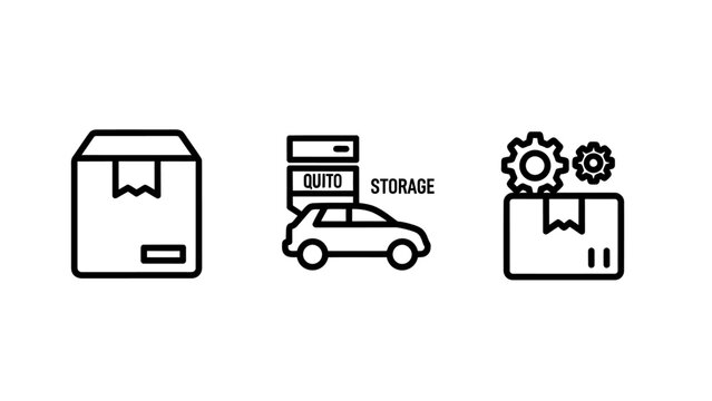 Storage solutions icons: boxes car mechanics with line art white background flat design transportation logistics shipping delivery warehouse industry container inventory products mechanics