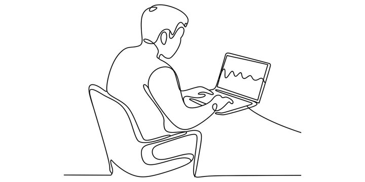 A single continuous line drawing of a person sitting in a chair and working on a laptop computer Vector, illustration