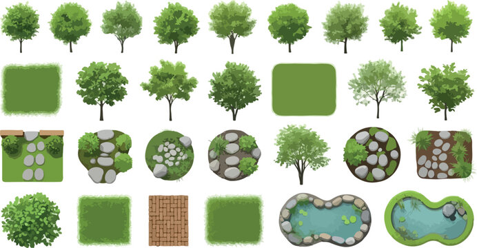 Landscape design elements vector set, garden planning icons with green trees and stone paths, architectural site plan symbols for backyard landscaping