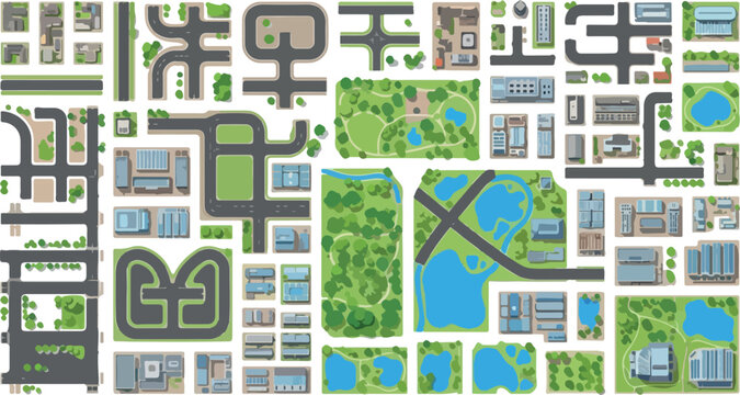 Urban city map constructor kit, flat vector city elements with roads and buildings, modular town planning set with green parks and blue lakes