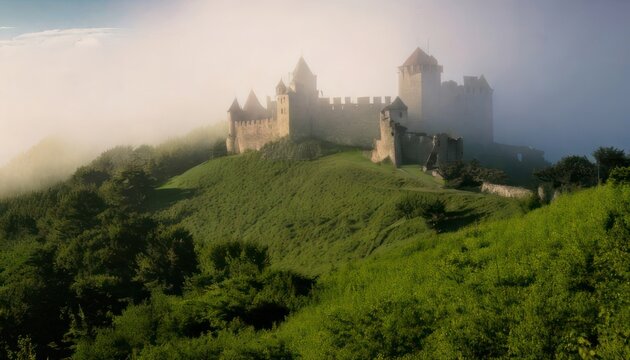 Majestic Castle Perched on Hilltop Amidst Misty Landscape.
