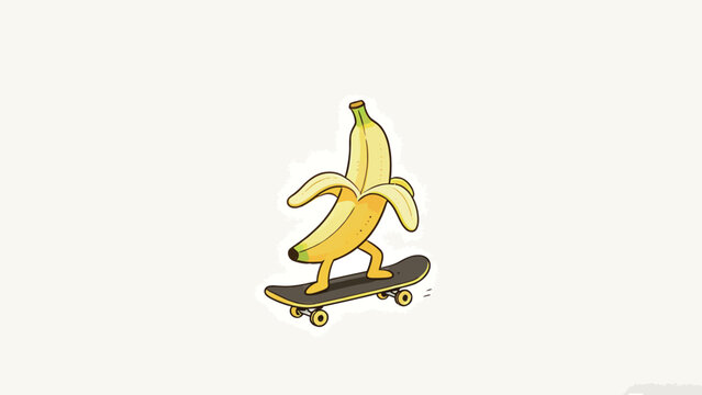 Playful Whimsical Illustration of an Anthropomorphic Partially Peeled Banana Character Skateboarding, Minimalist Simple Light Off-White Background, Cute Creative Humorous Concept Art