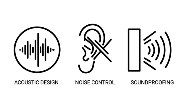 Acoustic design noise control soundproofing icons for audio and environmental management with acoustic soundproofing attenuation insulation engineering environmental management illustration
