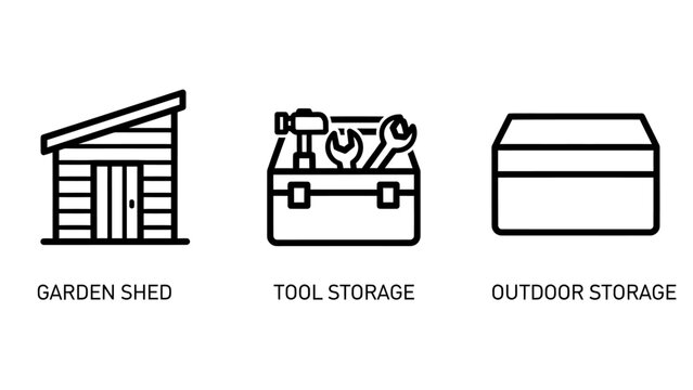 Garden shed tool storage outdoor storage line icons set with organization maintenance equipment building property inventory container workshop renovation construction illustration security