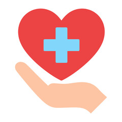 Obraz premium Vector graphic of a hand holding a red heart with a blue medical cross symbol, representing healthcare and wellness.