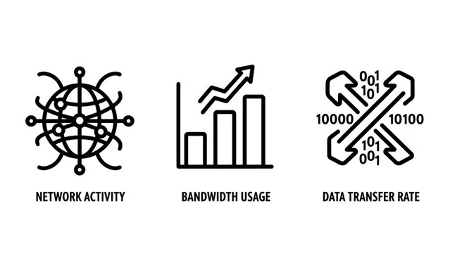 Set of three black line icons representing network activity bandwidth usage and data transfer rate metrics with activity bandwidth transfer technology internet connectivity connection isolated