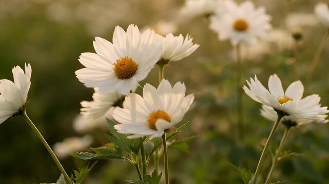 Sunlit white daisy flower meadow with soft golden sunlight bokeh gentle petals yellow center stem peaceful natural scene evoking calm and warmth