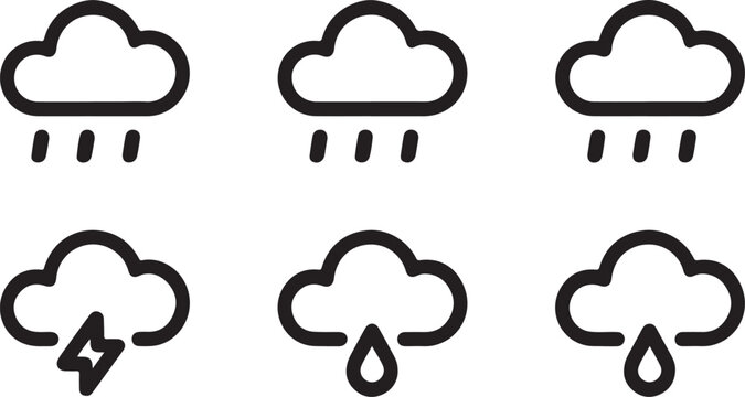 Cloud Rain Thunderstorm Lightning Weather Icon Set Minimal Line Vector