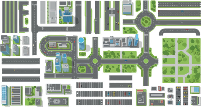Isometric city map constructor kit, urban infrastructure elements with roads and buildings, modular street layout vector set for town planning