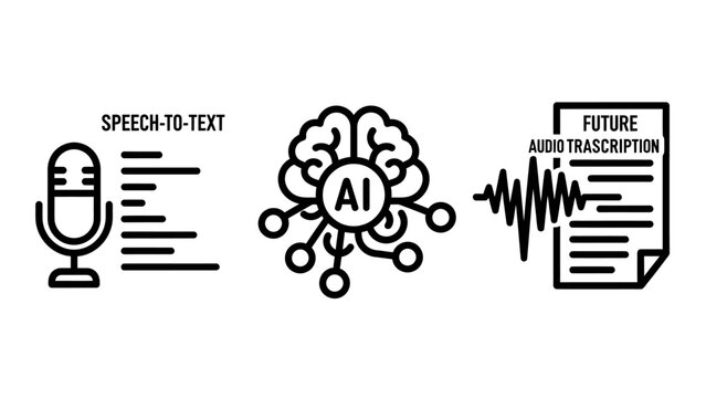 Artificial intelligence voice recognition and speech to text transcription concept icons set for automated audio processing and digital translation with artificial intelligence transcription