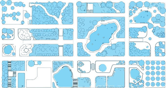 Landscape architecture site plan symbols, blue master plan vector elements for garden design, urban park layout icons with trees and ponds