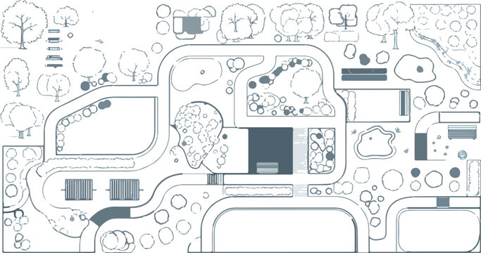 Minimalist landscape architectural site plan, technical drawing of park layout with trees and paths, urban planning vector illustration