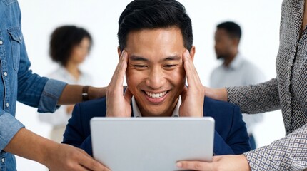 Fototapeta premium Aha! Moment on Pure White: Handsome Thai-Korean Male Points Up with Insight to Teammate.