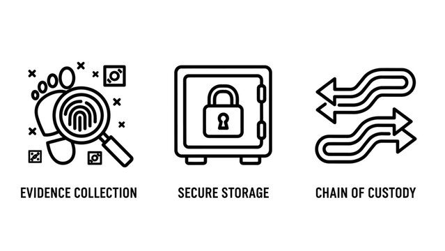 Law enforcement evidence collection and secure storage icons featuring forensic chain of custody magnifying glass and vault for criminal investigation procedures forensic evidence collection
