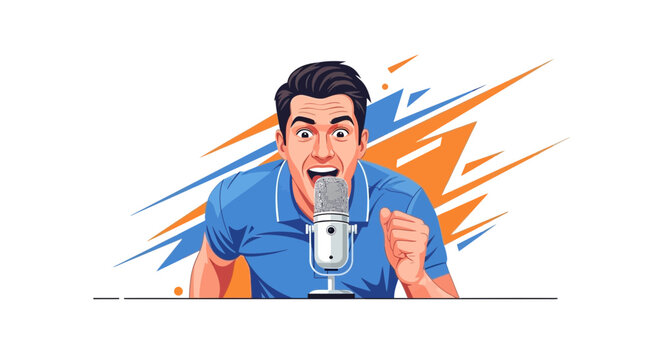 Excited Man Speaking into Microphone, Podcasting, Announcing, Live Streaming