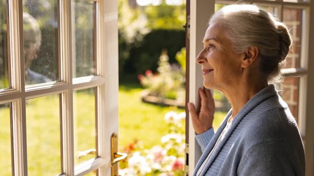 Senior woman smiling while looking out open patio door into sunny garden, peaceful home moment with natural light, wellbeing, independence and quiet reflection