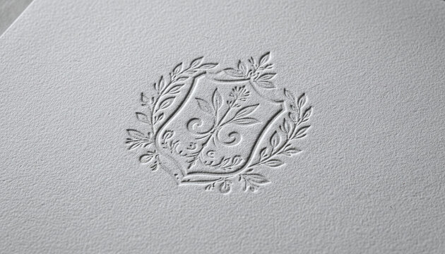 Blind debossing botanical crest on thick textured white cotton paper