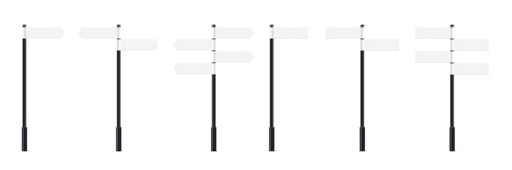 Realistic 3D road sign with arrow on black metal pole. Street traffic signage set isolated on white. Direction board mockup for highway navigation and city guidance design. © backup16