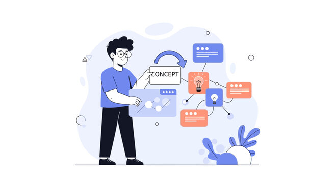 Man creating concept map with ideas and lightbulbs, business strategy and planning