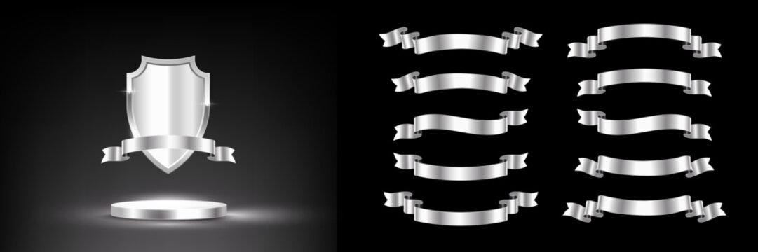 Silver award podium with shield, ribbon and set of different chrome ribbons on dark background. Luxury templates for product presentation, winner ceremony, honors branding. Elegant vector banner.
