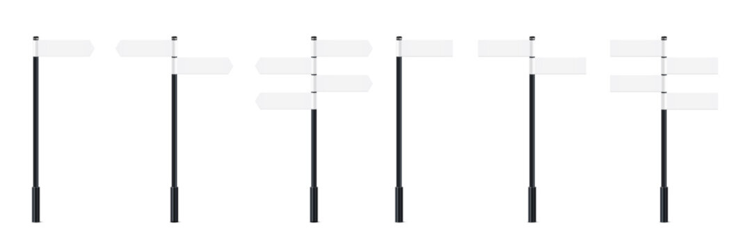 Realistic 3D road sign with arrow on black metal pole. Street traffic signage set isolated on white. Direction board mockup for highway navigation and city guidance design.