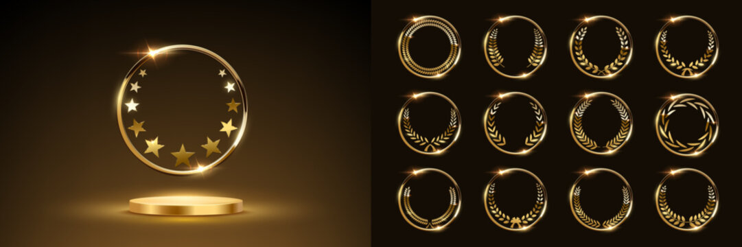 Gold award podium with star laurel wreath in glowing round frame and set of different wreaths. Luxury templates for product presentation, winner ceremony, honors branding. Elegant vector illustration.