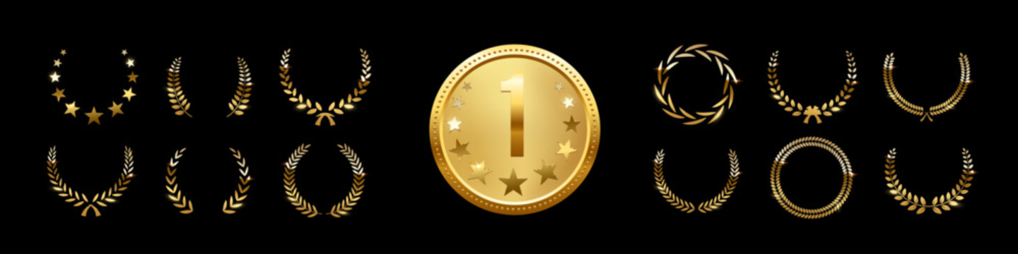 Gold award medals with laurel wreath. Golden medals with number one and leaf wreath on black background. 3d metal winner emblems. Realistic vector illustrations set.