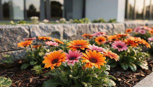 Vibrant Osteospermum and Dimorphotheca blooms in a sunny garden bed, showcasing beautiful orange and pink hues against a modern home backdrop