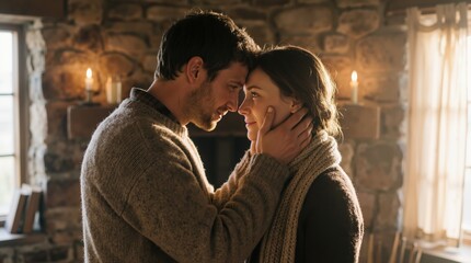 Fototapeta premium Young man and woman looking at each other in cozy rustic cottage. Romantic couple embracing in warm candlelight. Intimate lifestyle moment reflecting deep love and emotional connection