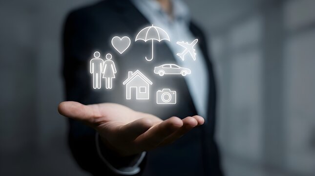 Digital insurance concept, glowing protection icons floating above an open hand; comprehensive coverage for life, home, travel, and auto; modern financial security solutions