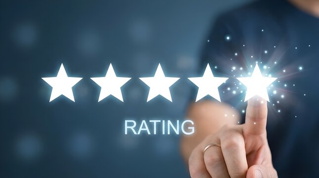 Five-star rating system, customer satisfaction feedback, glowing review concept, excellent service evaluation, user experience assessment for business success