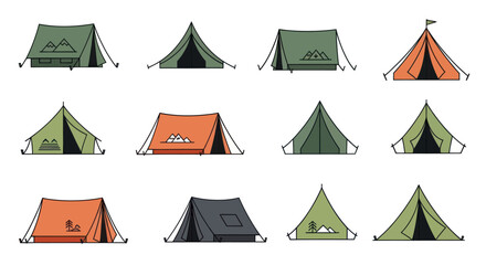 Set of minimalist camping tent icons for outdoor adventure and travel © Marchell