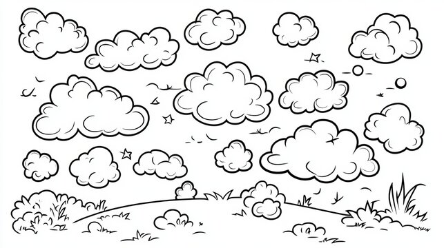 Cartoon Clouds Illustration and Weather Icons Sketch Elements for Outdoor Decoration Designs Set