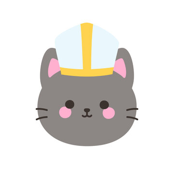 Cute kawaii gray cat face wearing white and gold bishop mitre hat