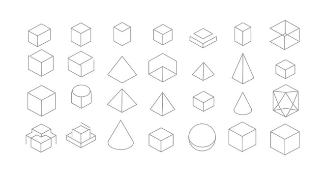 Set of minimalist isometric geometric shapes and 3D line icons on white background.