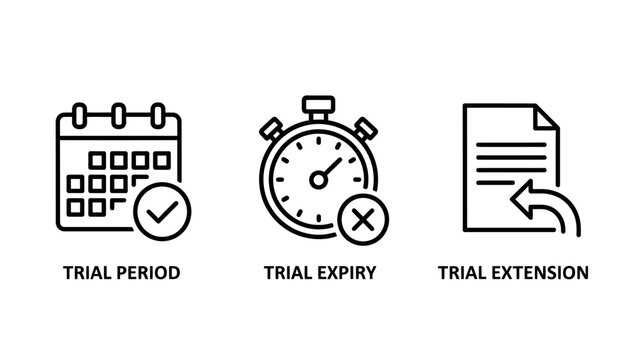 Software trial management icons set including trial period duration trial expiry and trial extension with extension software calendar stopwatch document business subscription deadline schedule