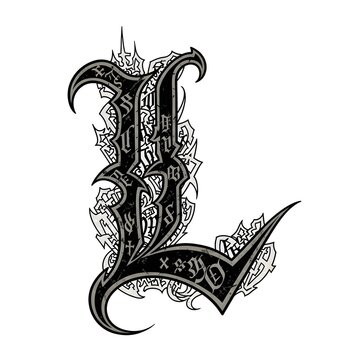 Elaborate Decorative Letter L Monogram with Gothic Calligraphy and Intricate Ornamental Filigree Design for Elegant Graphic Branding