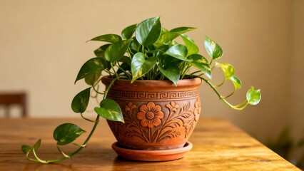 Fototapeta premium Lush Green Houseplant In Terracotta Pot On Desk