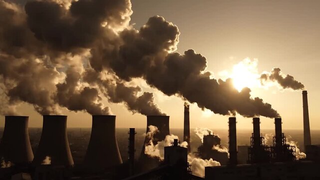 Industrial power plant emitting thick smoke at golden hour sunset